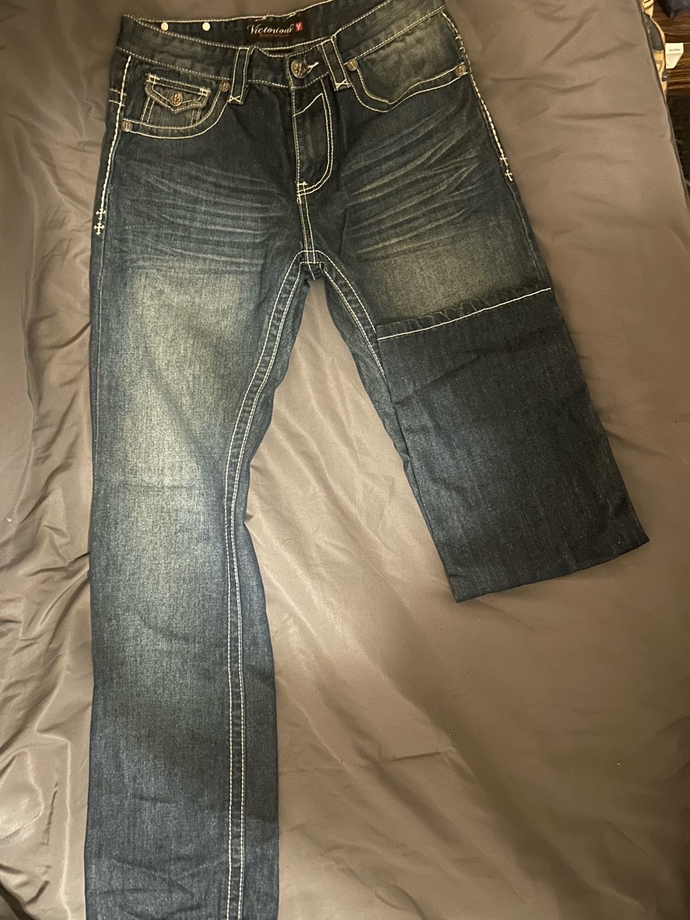Victorious Premium Y2K Embroidered Jeans Fleur-de-Lis Rhinestone
